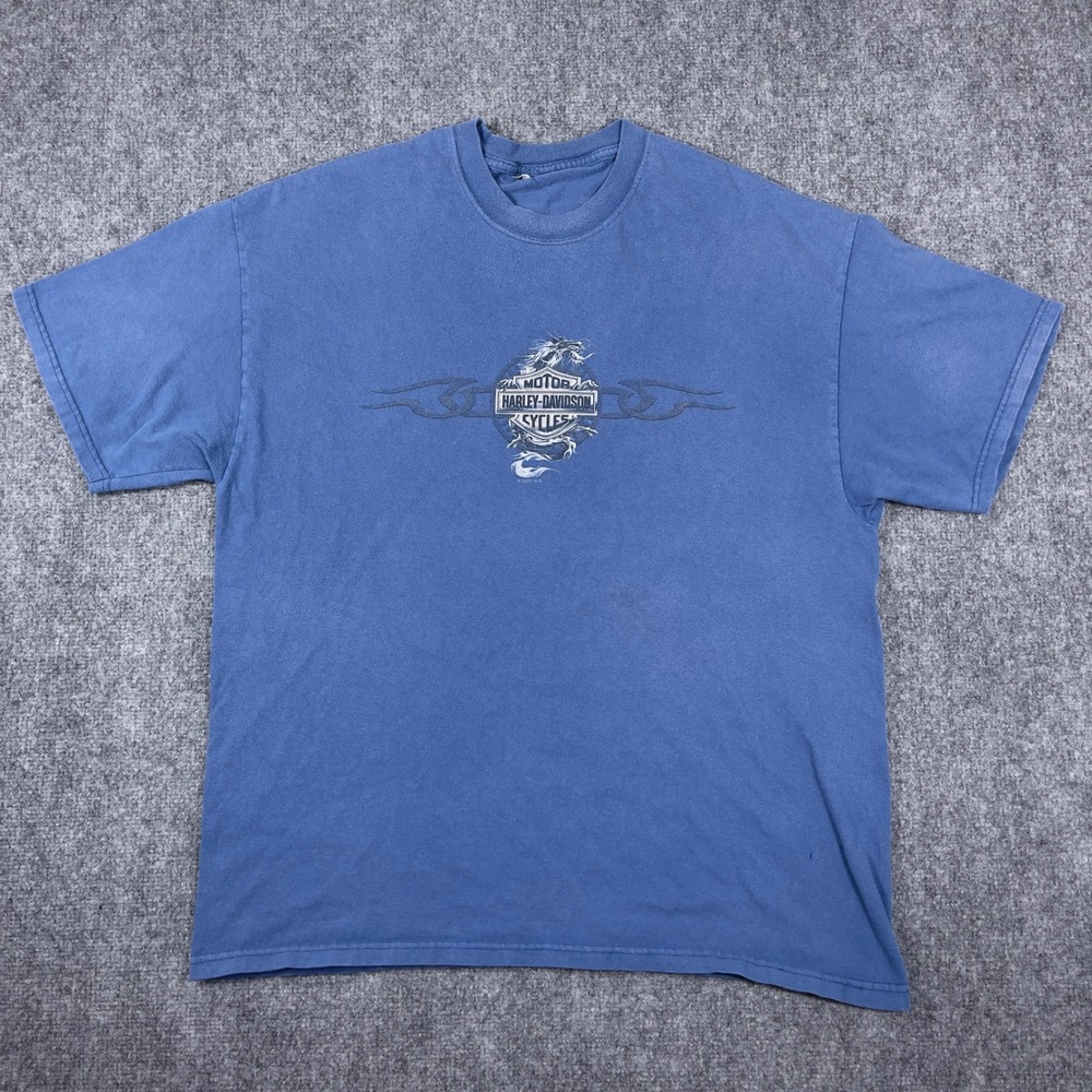 Y2k Harley-Davidson Dragon Graphic T-Shirt Mens XL Blue 2003 Yuba City CA